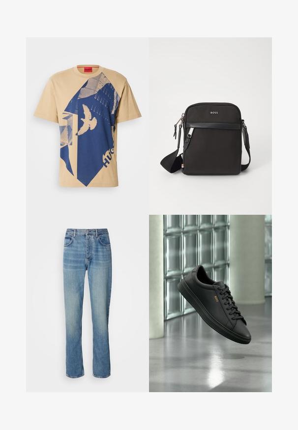 Beige Baumwoll-T-Shirt mit blauem geometrischem Muster und einem Vogelmotiv. Rotes Etikett mit "HUGO" am Halsausschnitt. Kurze Ärmel, Rundhalsausschnitt.; Helle blaue, gerade geschnittene Denim-Jeans mit hoher Taille, vorderem Knopf, Reißverschluss und Fünf-Taschen-Design.; Schwarzer flacher Ledersneaker mit schwarzen Schnürsenkeln und goldenem BOSS-Logo an der Seite, schwebend über einem glänzenden grauen Boden in einem modernen Innenraum.; Schwarze Umhängetasche aus strukturiertem Stoff, mit Logo auf der Vorderseite, Reißverschluss und verstellbarem Tragegurt. Verfügt über eine glatte Lederbesatz.