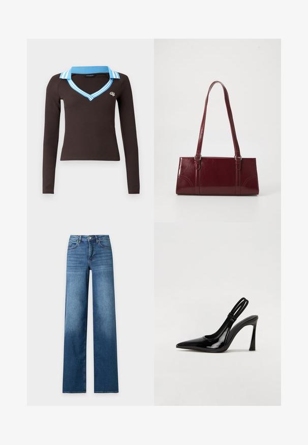 Haut marron à manches longues avec un col en V et un col rayé bleu clair. Présente une coupe ajustée et un petit logo sur la poitrine.; Jean denim bleu à jambes larges avec cinq poches et fermeture par bouton, présenté à plat sur un fond clair.; Escarpin en cuir verni noir à talon aiguille, à bout pointu, avec une sangle élastique double pour un maintien sécurisé. Surface lisse et brillante.; Sac à main bordeaux en matériau brillant, de forme rectangulaire, avec deux anses et des accents légèrement courbés à l'avant.