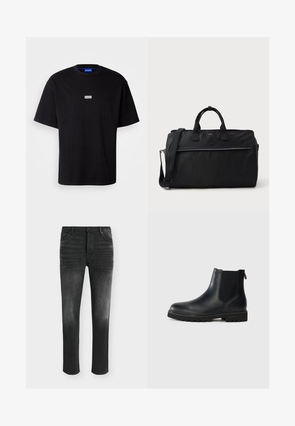 Schwarzes Baumwoll-T-Shirt mit Rundhalsausschnitt, kurzen Ärmeln und einem weißen rechteckigen "HUGO"-Logo auf der Brust. Glatte Textur, lockere Passform.; Schwarze Skinny-Jeans mit ausgebleichten Details, Fünf-Taschen-Stil und Knopfverschluss in der Taille.; Schwarze Leder-Stiefelette mit elastischen Seiteneinsätzen, runder Spitze und einer robusten Gummisohle mit tiefem Profil für optimalen Halt.; Schwarze rechteckige Reisetasche mit zwei Griffen, verstellbarem Schultergurt, vorderer Zippertasche und kleinem "BOSS"-Logo auf der Vorderseite.
