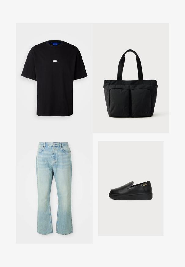 Sort bomulds t-shirt med rund hals, korte ærmer og et hvidt rektangulært "HUGO" logo på brystet. Glat overflade, afslappet pasform.; Lysblå denim flared jeans med høj talje, der har fem lommer, bæltestropper og en toned vævning.; Sort læder slip-on platform sko med tyk sål og lille gyldent "HUGO" logo nær hælen på en ensfarvet lys baggrund.; Sort tote bag med blødt stof, to forlommer og robuste håndtag. Logo vist på siden. Enkel, funktionel design.