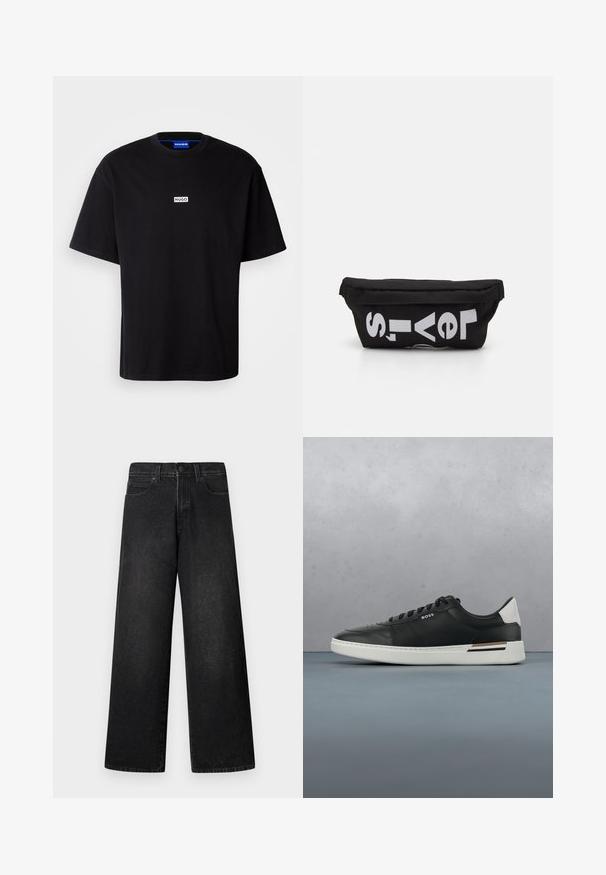 Sort bomulds t-shirt med rund hals, korte ærmer og et hvidt rektangulært "HUGO" logo på brystet. Glat overflade, afslappet pasform.; Sorte vidde-ben jeans i denim med høj talje, fem-lomme-design og en enkelt knaplukning foran. Glat tekstur med minimal detaljering.; Sort lædersneaker med hvid sål, har perforeringer, snørebåndsdesign, logo på siden og kontrasterende hældetalje i hvid og brun.; Sort stoftaske med flad form, prydet med fed hvid tekst. Lynlåsen er placeret øverst, med en løkke detalje på den ene side.
