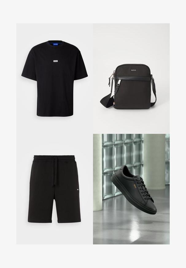 Schwarzes Baumwoll-T-Shirt mit Rundhalsausschnitt, kurzen Ärmeln und einem weißen rechteckigen "HUGO"-Logo auf der Brust. Glatte Textur, lockere Passform.; Schwarze Baumwollshorts mit elastischem Bund und Kordelzug. Verfügt über seitliche Taschen und ein kleines Logo auf der Vorderseite. Glatte Textur.; Schwarzer flacher Ledersneaker mit schwarzen Schnürsenkeln und goldenem BOSS-Logo an der Seite, schwebend über einem glänzenden grauen Boden in einem modernen Innenraum.; Schwarze Umhängetasche aus strukturiertem Stoff, mit Logo auf der Vorderseite, Reißverschluss und verstellbarem Tragegurt. Verfügt über eine glatte Lederbesatz.