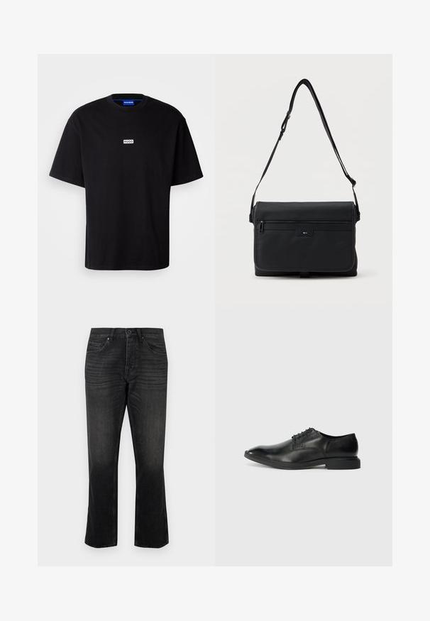 Sort bomulds t-shirt med rund hals, korte ærmer og et hvidt rektangulært "HUGO" logo på brystet. Glat overflade, afslappet pasform.; Sorte denimjeans med lige ben, der har frontlommer og knaplukning. Subtile falmninger og tekstureret stofdetalje.; Sort læder herresko med glat overflade, spids tå, seks snørrehuller og lav, rektangulær hæl. Diskret brandingdetalje på siden.; Sort rektangulær messenger-taske med justerbar skulderrem, lynlåslomme foran og lille præget "BOSS"-logo på klappen.
