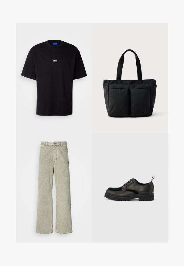 Sort bomulds t-shirt med rund hals, korte ærmer og et hvidt rektangulært "HUGO" logo på brystet. Glat overflade, afslappet pasform.; Lys grøn brede jeans med høj talje, lavet af denim, med knaplukning og klassisk fem-lommer design.; Sort læder snøresko med tyk slidbanesål og rød hælestropp, vist i sideprofil på en lysegrå baggrund.; Sort tote bag med blødt stof, to forlommer og robuste håndtag. Logo vist på siden. Enkel, funktionel design.
