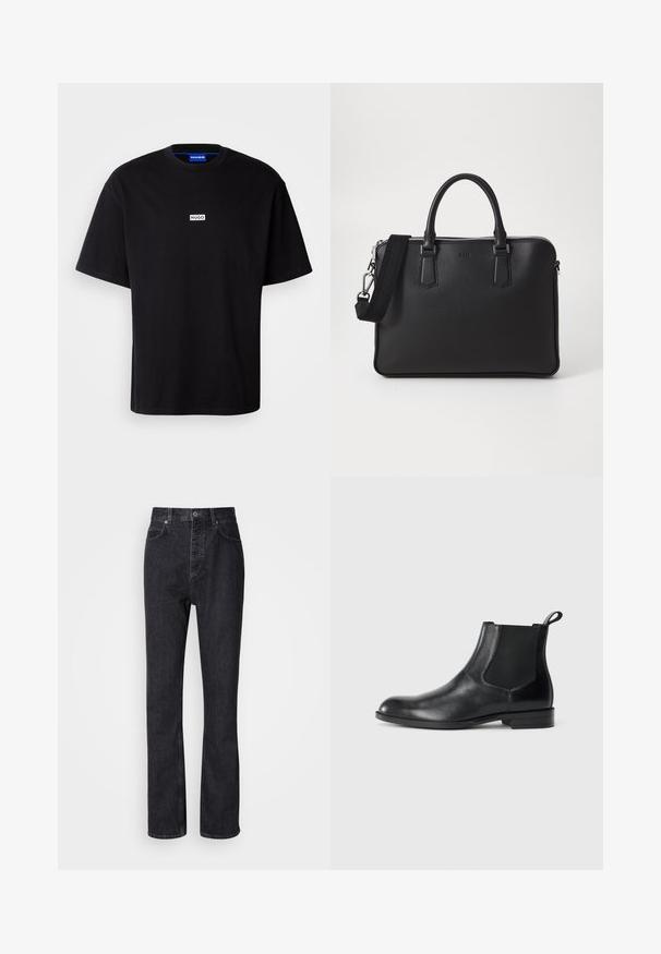 Sort bomulds t-shirt med rund hals, korte ærmer og et hvidt rektangulært "HUGO" logo på brystet. Glat overflade, afslappet pasform.; Høj talje sorte denim jeans med knap- og lynlåsåbning, for- og baglommer samt lige ben.; Sorte læder ankelstøvler med elastiske sidepaneler, rund tå og en trækloft. Glat tekstur, flad sål, minimalistisk design.; Sort lædertaske med struktureret overflade, doble håndtag og en aftagelig skulderrem. Har sølvfarvede lynlåse og minimalistiske designelementer.