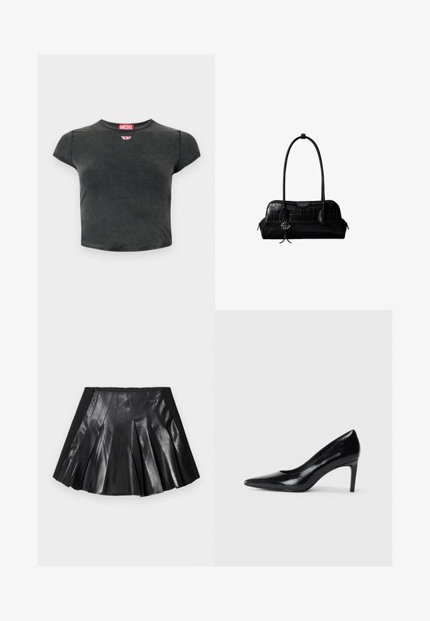 Sort, cropped t-shirt lavet af bomuld med rund halsudskæring og korte ærmer. Har et lille rødt logo og en falmet struktur.; Sort plisseret nederdel med en skinnende læderfront og en solid sort talje med en lille metaldekoration. Teksturerede læderpaneler forbedrer designet.; Sort læder højhælede sko med spids tå, glat tekstur og en taperet hæl. Minimalistisk design uden yderligere udsmykninger.; Sort skuldertaske i krokodillelæder med lange stropper og lille sølvlogo-charm på den ene strop.