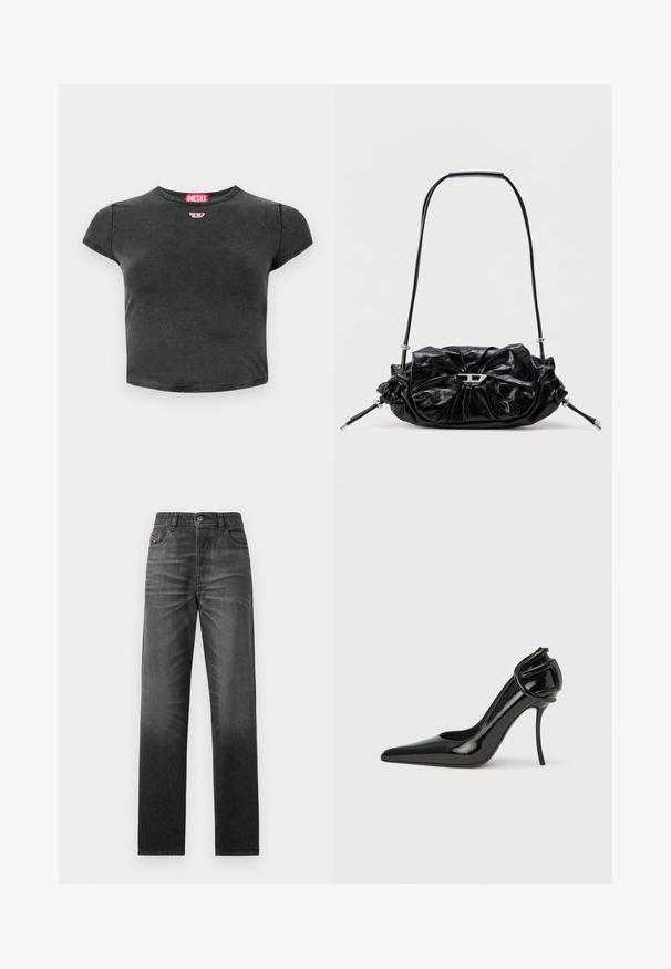 Sort, cropped t-shirt lavet af bomuld med rund halsudskæring og korte ærmer. Har et lille rødt logo og en falmet struktur.; Sorte jeans i denim med lige snit, fem-lommer-design og subtil falmning. Har knaplukning og et broderet logo på lommen.; Sort laklædersko med høj hæl, spids tå og åben hæl. Har en unik buet detalje ved hælen. Slank og glansfuld finish.; Sort læderhåndtaske med et opsamlet design og sløjfedetalje foran. Har en kort hank og sølvfarvede hardware-accenter.