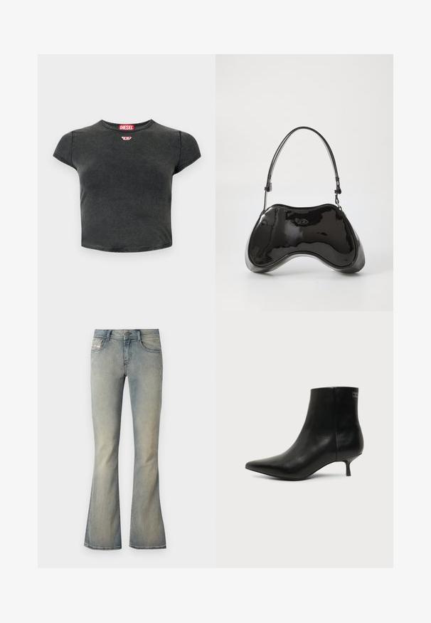 Sort, cropped t-shirt lavet af bomuld med rund halsudskæring og korte ærmer. Har et lille rødt logo og en falmet struktur.; Lys blå denim flared jeans med en mid-rise talje, subtilt slid og standard fem-lomme design. Har en front knaplukning.; Sort læder ankelstøvle med spids tå og lav kitten hæl på lys baggrund, der viser yderside.; Sort patentlæder håndtaske med en unik buet form, kort justerbar hank og en lynlåslukning i toppen. Glat tekstur med diskret branding.