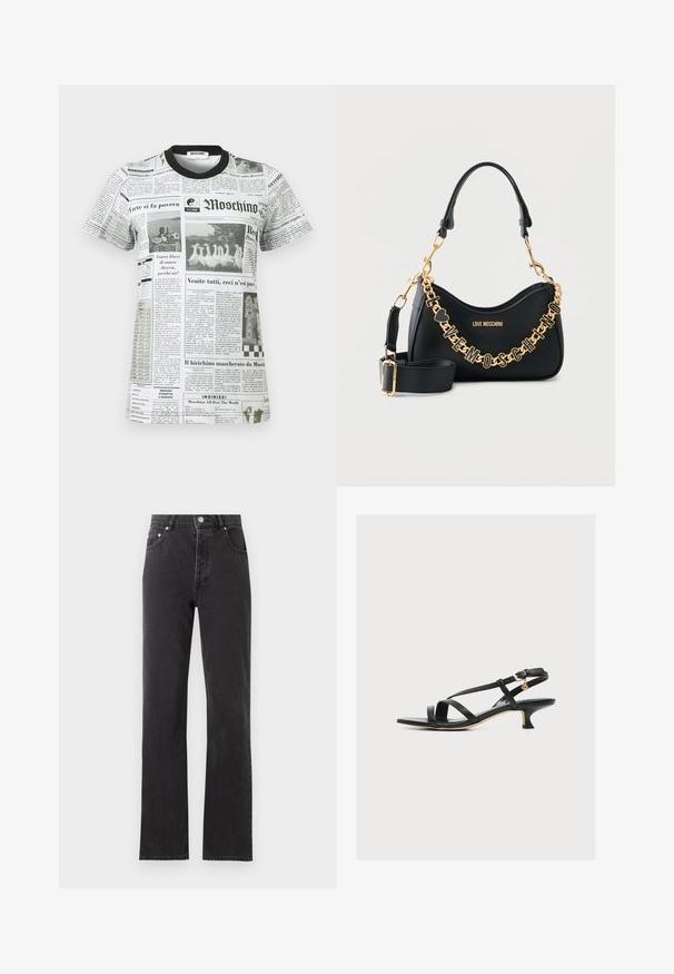 T-shirt Moschino à manches courtes avec col noir, présentant un imprimé journal en noir et blanc avec des blocs de texte et des images d'oies et d'un enfant.; Jean noir taille haute à jambes droites, fermeture devant par bouton et zip, poches avant et arrière, présenté sur un fond clair uni.; Sandale noire en cuir pour femme avec fines brides croisées, petit talon kitten et petite boucle dorée sur la bride de cheville.; Sac à main Black Love Moschino avec chaîne dorée formant le nom de la marque, bandoulière détachable et poignée supérieure incurvée sur fond blanc.