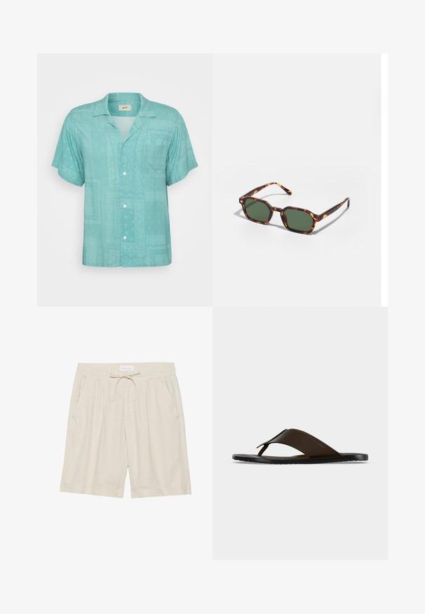 Chemise à manches courtes avec col en tissu teal clair, présentant un design subtil avec des motifs et des textures. Une poche poitrine.; Shorts en lin beige avec taille élastique, cordon de serrage et poches latérales. Coupe décontractée avec jambe droite et ourlet retourné.; Sandale tong en cuir marron foncé avec une large sangle à la cheville et une semelle plate noire, montrée de profil sur fond gris.; Lunettes de soleil en écaille de tortue avec des verres verts, présentant une forme octogonale et des branches minces et courbées. Le matériau a une finition brillante.