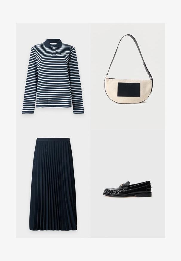 Polo à manches longues à rayures bleu marine et blanches, en coton, avec un col boutonné et un petit logo sur la poitrine.; Jupe plissée marine avec une taille texturée, en tissu lisse, présentant des plis verticaux régulièrement espacés et un design mi-mollet.; Mocassins en cuir noir avec un bout arrondi, des coutures décoratives et un petit accent doré sur le dessus. Semelle en caoutchouc plate, design épuré.; Sac à épaule beige en forme de demi-lune avec une sangle noire réglable et un patch rectangulaire noir à l'avant.