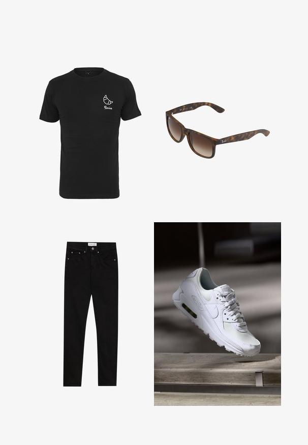 Sort bomuld t-shirt med rund halsudskæring, korte ærmer og hvid grafik af et croissant med teksten "Paris" nedenunder.; Sorte denim skinny jeans med en glat tekstur, fem-lomme design, kontrasterende syninger og et mærket bælteskilt.; Hvide Nike Air Max 90 sneakers med en overdel i mesh og læder, perforeret tåboks og en synlig luftenhed i hælen.; Skildpadde-solbriller med brune gradientlinser, rektangulær form, tykke stel og en sølvlogoaccent på siden.