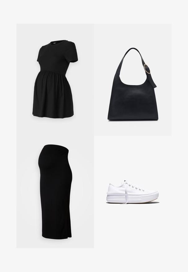 ONLY MATERNITY Peplum OLMMALAYA Peplum - Lihtne T-särk - black; MAMALICIOUS MLLIF MIDI SKIRT - Pliiatsseelik - black; Valge madala lõikega lõuendijalanõu, millel on paks platvormpõhi, ees nöörimine ja kummist tekstuuriga varbakate, kujutatud külgvaates.; Must küllastunud nahk kantav kott siledast tekstuurist, ümar keha ja ühe õlavarre rihmaga, millel on ringikujuline kuldne metalldetail.