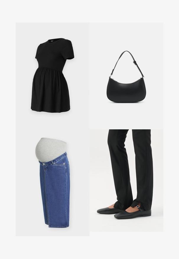 ONLY MATERNITY Peplum OLMMALAYA Peplum - T-shirt basic - black; Blauwe denim zwangerschapsrok met een grijze rekbare tailleband, ontworpen om over een zwangere buik te passen, weergegeven in zijaanzicht.; Benen met zwarte smalle broek met voorsplitten aan de zoom, gecombineerd met zwarte platte Mary Jane-schoenen met een klein gespje.; Pieces PCALUANA SHOULDER BAG - Handtas - black