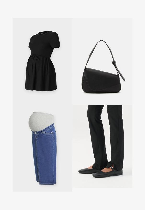 ONLY MATERNITY Peplum OLMMALAYA Peplum - T-Shirt basic - black; Blauer Jeans-Mutterschaftsrock mit grauem Stretchbund, der über dem wachsenden Babybauch sitzt, Seitenansicht.; Beine in schwarzen schmalen Hosen mit vorderen Schlitzen am Saum, kombiniert mit schwarzen flachen Mary-Jane-Schuhen mit kleinem Schnallenriemen.; Schwarze Lederhandtasche mit dreieckiger Form, schrägem Klappdeckel und rundem Oberhandgriff. Verfügt über eine glatte Textur und minimalistische Designdetails.