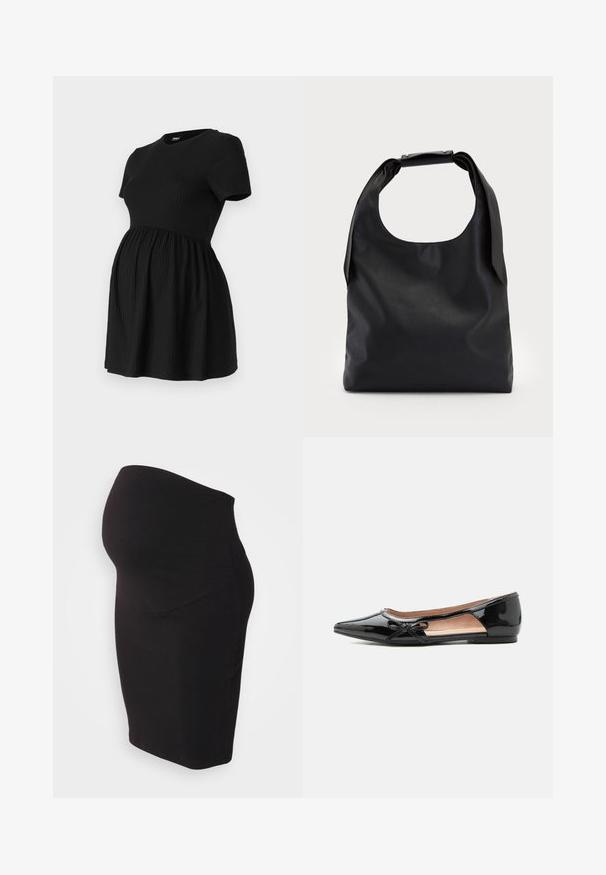 ONLY MATERNITY Peplum OLMMALAYA Peplum - Camiseta básica - black; Falda de maternidad negra hecha de un tejido suave y elástico. Presenta un panel de cintura alta para mayor comodidad y un diseño ajustado que se adapta al cuerpo.; Zapato plano puntiagudo de charol negro con corte lateral y pequeño lazo decorativo en el borde exterior.; Bolso de mano de cuero negro con una gran abertura superior y una sola correa para el hombro. Textura suave, diseño minimalista, con detalles sutiles de herrajes.