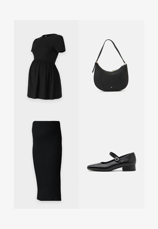 ONLY MATERNITY Peplum OLMMALAYA Peplum - T-shirt basic - black; Zwarte geribbelde gebreide midi-jurk met een aansluitende pasvorm en een brede tailleband. Glad textuur, geen zichtbare patronen of accenten.; Zwarte leren Mary Jane schoenen met een gepatenteerde neus, verstelbare enkelband en lage blokhak. Een gladde textuur en een elegante uitstraling.; Zwarte leren handtas met een gebogen vorm, textuuroppervlak, voornaden en een logo in goudkleur. Beschikt over een enkele verstelbare schouderband.