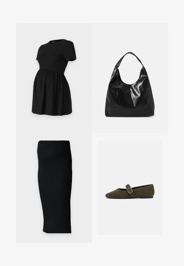 ONLY MATERNITY Peplum OLMMALAYA Peplum - Základné tričko - black; Čierna rebrovaná midi sukňa s priliehavým siluetou a širokým pásom. Hladká textúra, žiadne viditeľné vzory ani akcenty.; Olívovozelená semišová balerína Mary Jane s plochou podrážkou, striebornou sponou a zaoblenou špičkou, zobrazená na bielom pozadí.; Čierna kožená hobo taška s jemnou, lesklou textúrou a zaobleným, otvoreným vrchom. Obsahuje široký, zakrivený popruh na nosenie. Žiadne viditeľné kovanie.