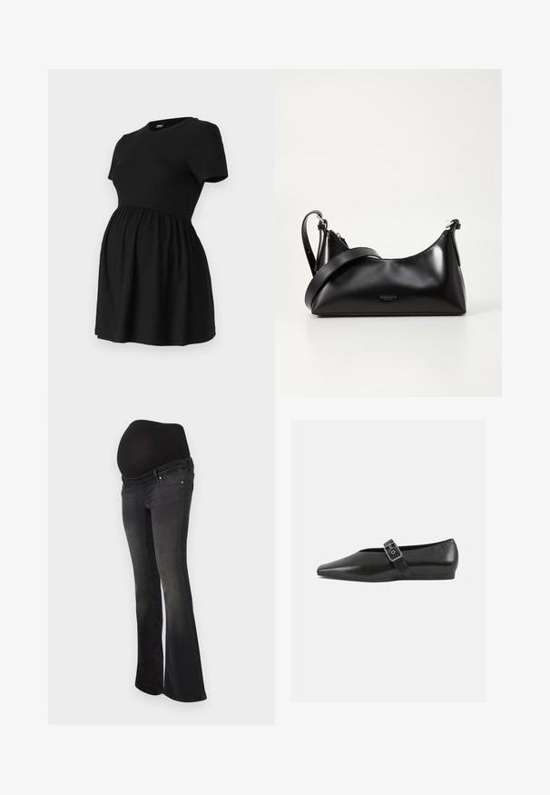 ONLY MATERNITY Peplum OLMMALAYA Peplum - Lihtne T-särk - black; Tumedus jeans tumesast hallist denimist, veniva musta paneeliga kõhu toetamiseks, flared sääre kujundusega ja klassikalise viie tasku stiiliga.; Must mustril leedjalats, millel on terav varvas, metallist pandla rihm üle jala ja madal, paindlik tall.; Mustmust nahkaga kott sileda tekstuuriga. Omab reguleeritavat rihma ja sujuvat, minimalistlikku disaini, millel on lukuga sulgemine.