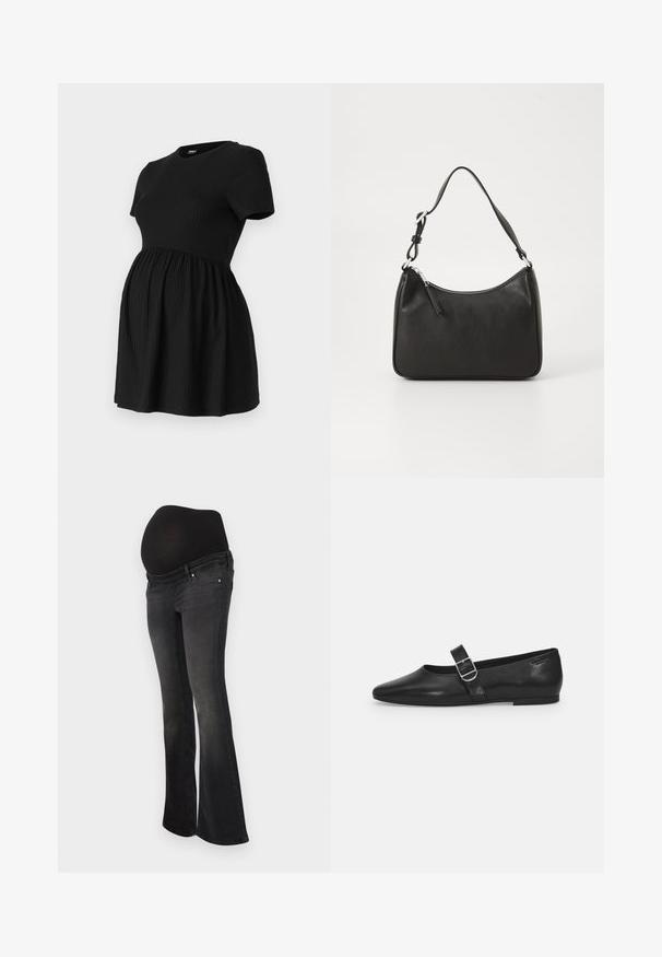 ONLY MATERNITY Peplum OLMMALAYA Peplum - Camiseta básica - black; Jeans de maternidad en denim gris oscuro con un panel negro elástico para soporte de la barriga, diseño de pierna acampanada y estilo clásico de cinco bolsillos.; Zapato plano de cuero negro con punta redondeada, una sola correa ajustable con hebilla y una textura suave y brillante. Diseño minimalista con un tacón bajo.; Bolso de mano de cuero negro con forma curvada, una sola correa, cierre de cremallera y marcas sutiles en la parte frontal. Textura suave, diseño minimalista.