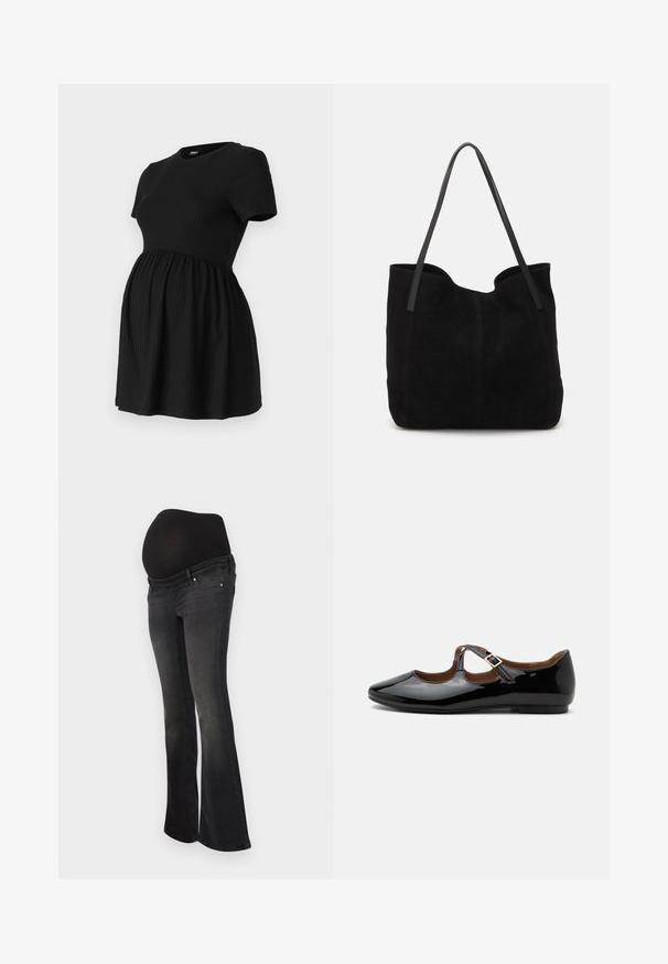 ONLY MATERNITY Peplum OLMMALAYA Peplum - T-shirt basic - black; Zwangerschapsjeans in donkergrijze denim met een rekbare zwarte flap voor buikwandsteun, flared leg ontwerp en een klassieke vijf-pocket stijl.; Zwarte lakleren Mary Jane platte schoen met twee uitsparingen en een gouden gespbandje op een witte achtergrond.; Zwarte suede tote bag met twee lange, platte leren handvatten. Heeft een gebogen bovenrand en zichtbare stiksels aan de voorkant. Geen hardware-accenten.