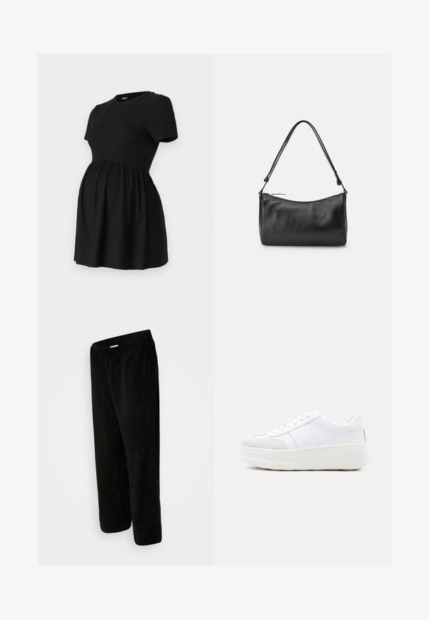 ONLY MATERNITY Peplum OLMMALAYA Peplum - T-Shirt basic - black; Schwarze Cordhosen mit entspannter Passform, ausgestattet mit einem elastischen Bund und cropped Länge. Weicher Stoff mit vertikalem Rippmuster.; Weißer Sneaker mit niedrigem Schaft, Schnürverschluss, dicker Plateausohle und Wildlederakzent an der Zehenpartie, seitlich auf schlichtem Hintergrund dargestellt.; Schwarze Leder-Schultertasche mit glatter Textur, geschwungener Form und einem langen Einzelriemen, ausgestattet mit einem Reißverschluss oben.