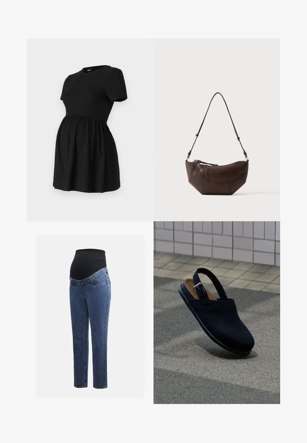 ONLY MATERNITY Peplum OLMMALAYA Peplum - T-shirt basic - black; Zwangerschapsjeans met blauwe denim benen en een zwart rekbaar buikpaneel, ontworpen om een groeiende buik te ondersteunen en te bedekken.; Zwarte gesloten slingback-schoen met zilveren gespsluiting, bruine binnenzool, zwevend boven grijs asfalt met betegelde muur op de achtergrond.; Bruine leren schoudertas met een gebogen onderkant en een verstelbare riem tegen een effen lichte achtergrond.