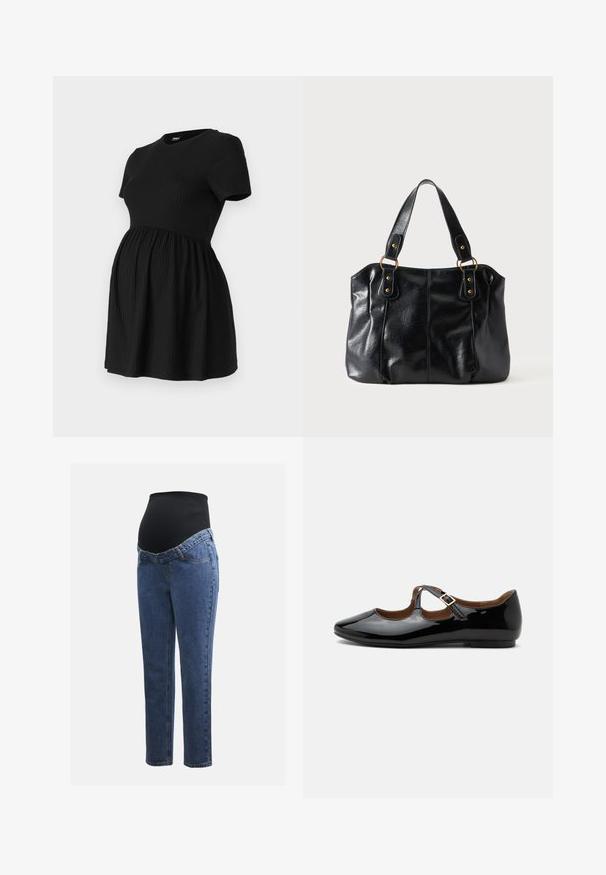 ONLY MATERNITY Peplum OLMMALAYA Peplum - Camiseta básica - black; Jeans de maternidad con piernas de denim azul y un panel abdominal elástico negro diseñado para soportar y cubrir una barriga en crecimiento.; Zapato plano Mary Jane de charol negro con dos recortes y una correa con hebilla dorada sobre fondo blanco.; Bolso de cuero negro para el hombro con doble asa unida por anillas y remaches dorados, superficie lisa y ligeramente brillante, diseño sencillo.