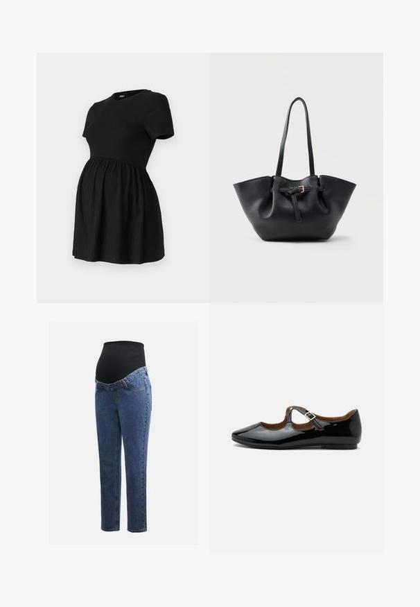 ONLY MATERNITY Peplum OLMMALAYA Peplum - T-Shirt basic - black; Schwangerschaftsjeans mit blauen Denimbeinen und einem schwarzen elastischen Bauchpanel, das dazu entworfen wurde, den wachsenden Bauch zu stützen und zu bedecken.; Schwarzer Mary Jane flacher Schuh aus Lackleder mit zwei Ausstanzungen und einem goldfarbenen Schnallenriemen auf weißem Hintergrund.; Schwarze Ledertasche mit langen Griffen und einem vorderen Riemen mit kleiner goldener Schnalle, vor einfarbigem Hintergrund.