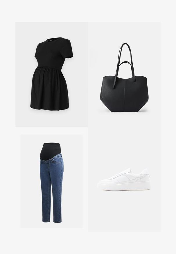 ONLY MATERNITY Peplum OLMMALAYA Peplum - T-shirts basic - black; Graviditetsjeans med ben i blå denim og en sort strækbare abdominalpanel designet til at støtte og dække en voksende mave.; Hvid lavtop-sneaker med tyk sål, snørelukning og diskrete syningsdetaljer på en ensfarvet lys baggrund.; Sort tote taske med glat, struktureret læder, afrundet top og to lange håndtag. Har en vinkelret bund for stabilitet og et struktureret design.