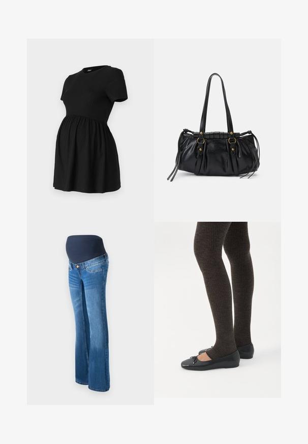 ONLY MATERNITY Peplum OLMMALAYA Peplum - Základné tričko - black; Tehotenské džínsy vyrobené z modrého denimu, so tmavomodrým elastickým panelom v páse, rozšírenými nohavicami a klasickým dizajnom s piatimi vreckami.; Nohy v tmavých pásikavých legínach v kombinácii s čiernymi balerínkami s malými mašličkami na bielom pozadí.; Čierna kožená kabelka so zaobleným tvarom, dvojitými uchami, dekoratívnymi kovovými prvkami a detailmi so šnúrkami na bokoch. Hladký, lesklý povrch.