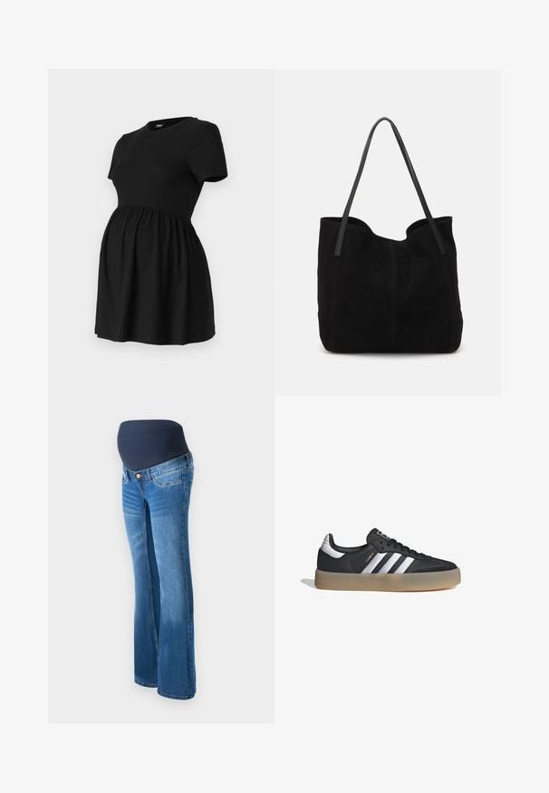 ONLY MATERNITY Peplum OLMMALAYA Peplum - Camiseta básica - black; Jeans de maternidad de mezclilla azul, con un panel elástico de un oscuro tono navy en la cintura, piernas acampanadas y un diseño clásico de cinco bolsillos.; Zapatilla deportiva de cuero negro con tres rayas plateadas, punta texturizada y suela de goma. Cuenta con un collar acolchado y un diseño con cordones.; Bolso de mano de ante negro con dos correas de cuero largas y planas. Presenta un borde superior curvado y costuras visibles en la parte frontal. Sin acentos de metal.