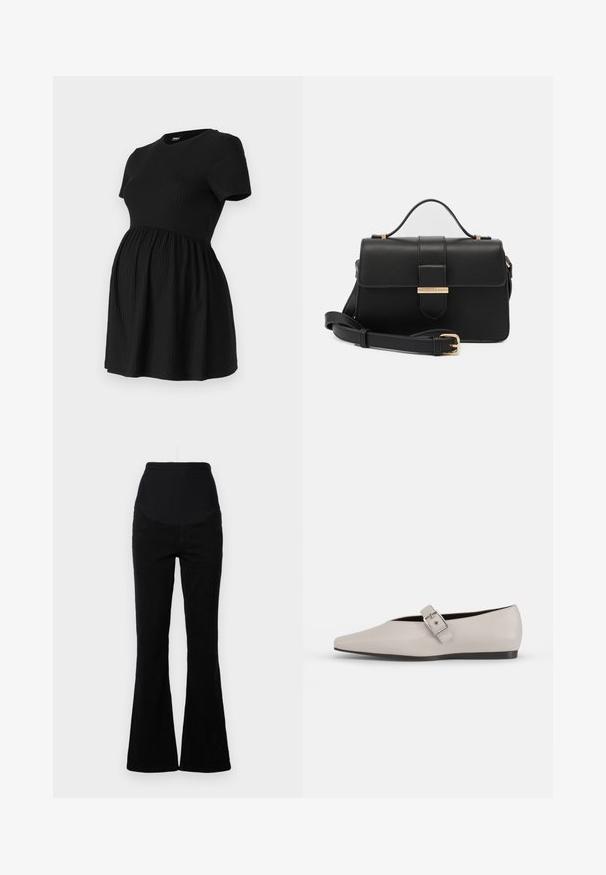 ONLY MATERNITY Peplum OLMMALAYA Peplum - Camiseta básica - black; Vaqueros negros acampanados con una cintura alta, hechos de denim. Presenta un estilo de cinco bolsillos y una textura suave con acentos cosidos.; Zapato plano de cuero beige con punta afilada, un detalle de hebilla lateral y suela negra baja. Textura suave y diseño minimalista.; Bolso de mano de cuero negro con acentos metálicos dorados, forma rectangular, cierre con solapa, correa de hombro ajustable, textura suave, diseño minimalista.