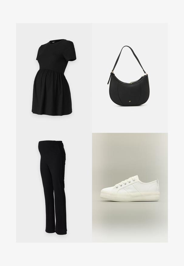 ONLY MATERNITY Peplum OLMMALAYA Peplum - T-Shirt basic - black; ONLY MATERNITY OLMHALLE - Stoffhose - black; Weißer Sneaker mit niedrigem Schaft, dicker gerippter Sohle, Schnürung vorne und Zuglasche an der Ferse vor neutralem Hintergrund.; Schwarze Lederhandtasche mit geschwungenem Design, strukturiertem Material, vorderen Nähten und einem Logo in Goldtönen. Verfügt über einen einzelnen verstellbaren Tragegurt.