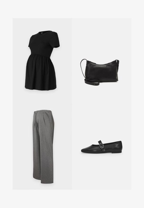 ONLY MATERNITY Peplum OLMMALAYA Peplum - T-shirt basic - black; Grijze wijde broek gemaakt van zachte, lichtgewicht stof. Kenmerkt zich door een elastische tailleband en plooien aan de voorkant, wat zorgt voor een comfortabele pasvorm.; Zwarte leren platte schoen met een ronde neus, een enkele verstelbare gespsluiting en een gladde, glanzende textuur. Minimalistisch ontwerp met een lage hak.; Zwarte leren schoudertas met een gladde textuur, gebogen vorm, verstelbare schouderband en een ritsafsluiting. Minimalistisch ontwerp zonder versieringen.