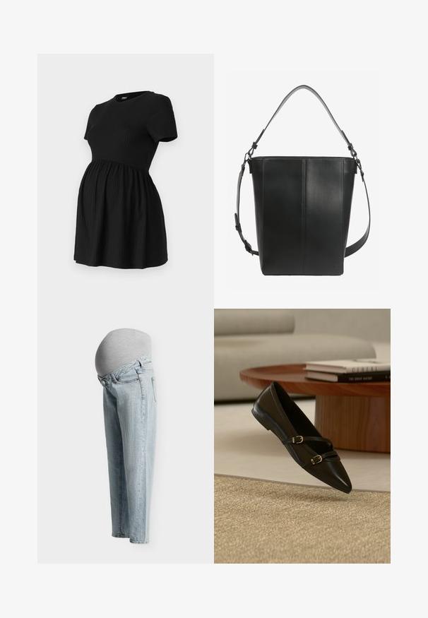 ONLY MATERNITY Peplum OLMMALAYA Peplum - T-shirt basic - black; Lichtblauwe zwangerschapsjeans met een rekbare grijze paneel die de zwangere buik bedekt, gezien van opzij op een effen achtergrond.; Zwarte platte schoen met puntige neus en twee dunne gespspanners die boven een beige tapijt zweven, met een houten salontafel en boeken op de achtergrond.; Zwarte leren bucketbag met twee verstelbare schouderbanden en minimale stiksel details op een effen achtergrond.