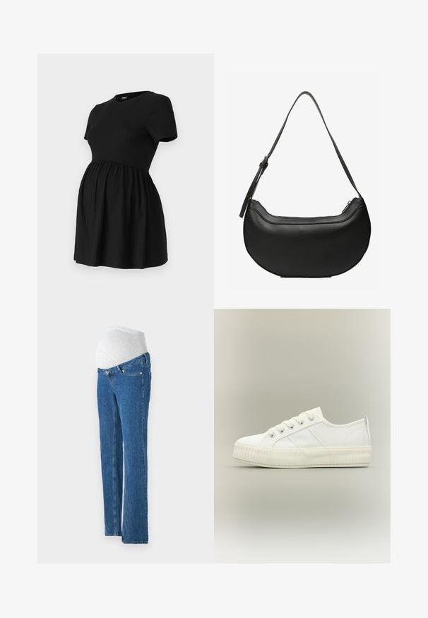 ONLY MATERNITY Peplum OLMMALAYA Peplum - T-Shirt basic - black; Vero Moda Maternity Straight fit maternity - Jeans Straight Leg - medium blue denim; Weißer Sneaker mit niedrigem Schaft, dicker gerippter Sohle, Schnürung vorne und Zuglasche an der Ferse vor neutralem Hintergrund.; Schwarze, halbmondförmige Lederschultertasche mit langem, verstellbarem Riemen und Reißverschluss oben.