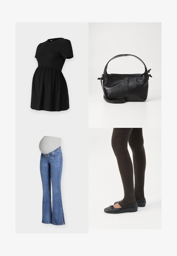 ONLY MATERNITY Peplum OLMMALAYA Peplum - T-shirts basic - black; Blå slagte graviditetsjeans med en elastisk grå talje, designet til at rumme en gravid mave.; Ben iført mørke ribbede leggings kombineret med sorte balletsko med små sløjfedetaljer på hvid baggrund.; Sort læderhåndtaske med et struktureret design, rund tophåndtag og aftagelig skulderrem. Den har en glat tekstur og en subtil glans.