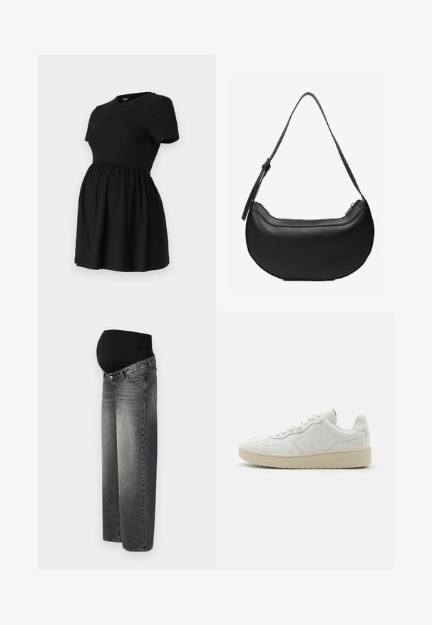 ONLY MATERNITY Peplum OLMMALAYA Peplum - Camiseta básica - black; Jeans de maternidad en denim negro desgastado, con una cinturilla negra elástica para mayor soporte. Diseño de pierna ancha con bolsillos frontales estándar.; Zapatillas de cuero blancas con puntera perforada, suela de goma beige en contraste y acentos de logo en el lateral y el talón. Diseño minimalista.; Bolso de cuero negro con forma de media luna, con una larga correa ajustable y cierre superior con cremallera.