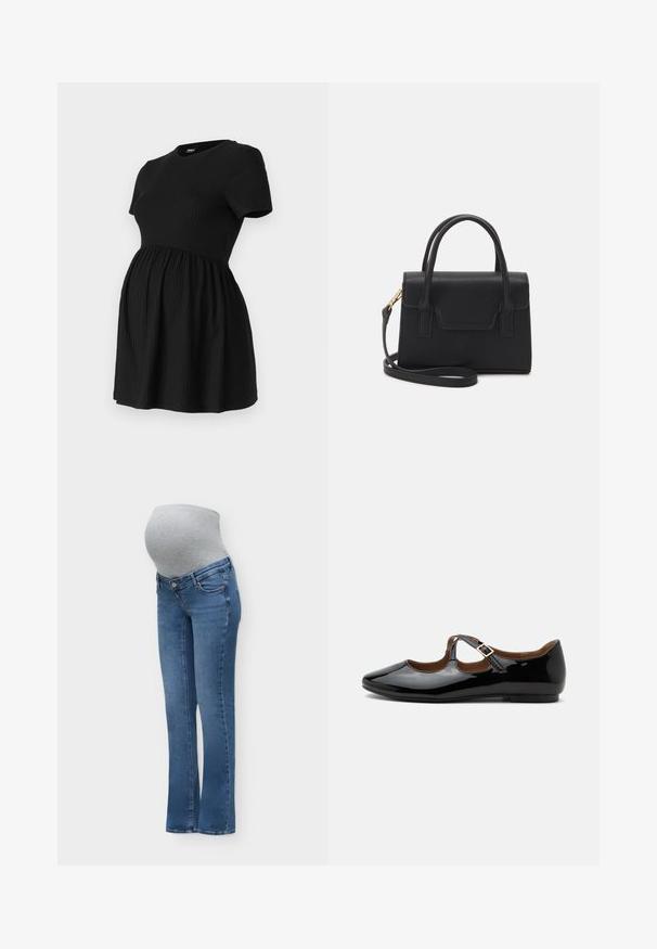 ONLY MATERNITY Peplum OLMMALAYA Peplum - Základné tričko - black; Modré tehotenské rifle so sivým elastickým brušným panelom navrhnuté tak, aby pohodlne sedeli na tehotnom bruchu a poskytovali podporu.; Čierne lesklé Mary Jane baleríny s dvoma výrezmi a zlatou prackou na bielom pozadí.; Čierna štruktúrovaná kabelka z kože s horným uchom, odnímateľným ramenným popruhom a predným uzáverom. Akcenty v zlatej farbe.