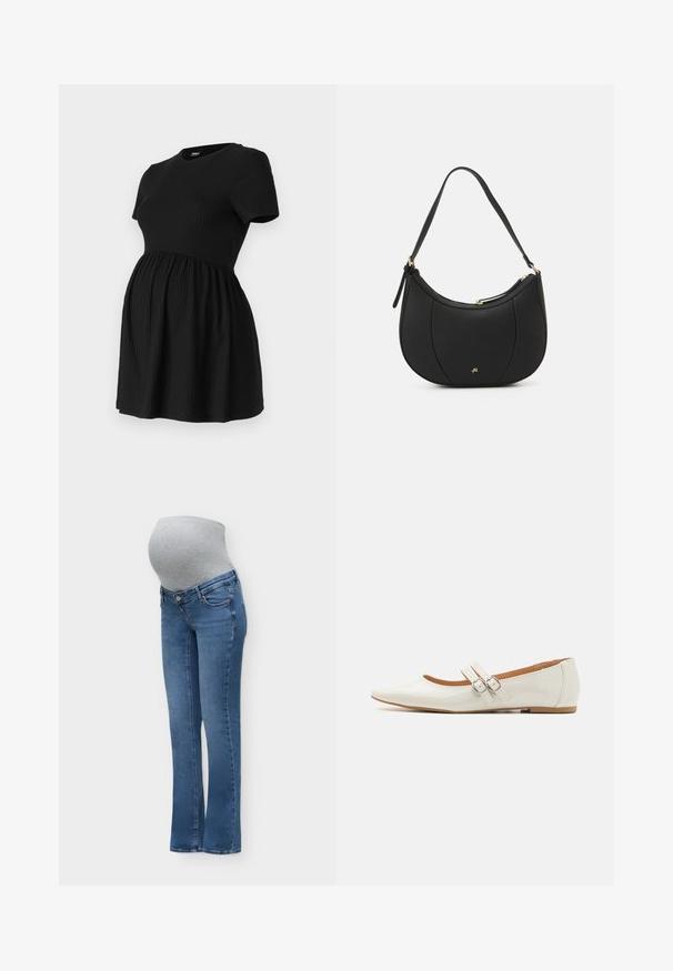 ONLY MATERNITY Peplum OLMMALAYA Peplum - T-Shirt basic - black; Blaue Umstandsjeans mit einem grauen elastischen Bauchpanel, das über den Babybauch passt, für Komfort und Halt.; Weiße Lacklederschuhe mit spitzem Zehen, zwei dekorativen Riemen mit silbernen Schnallen und einer dezenten braunen Sohle.; Schwarze Lederhandtasche mit geschwungenem Design, strukturiertem Material, vorderen Nähten und einem Logo in Goldtönen. Verfügt über einen einzelnen verstellbaren Tragegurt.