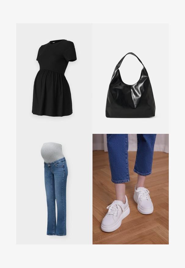 ONLY MATERNITY Peplum OLMMALAYA Peplum - T-Shirt basic - black; Blaue Umstandsjeans mit einem grauen elastischen Bauchpanel, das über den Babybauch passt, für Komfort und Halt.; Beine, die kurze blaue Jeans und weiße Schnür-Plateausneaker tragen und auf hellem Holzboden stehen.; Schwarze Leder-Hobo-Tasche mit einer weichen, glänzenden Textur und einem runden, offenen Oberteil. Verfügt über einen breiten, gebogenen Tragegurt. Keine sichtbaren Beschläge.