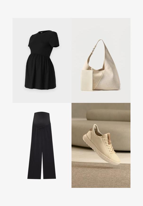 ONLY MATERNITY Peplum OLMMALAYA Peplum - T-shirt basic - black; Zwarte zwangerschapsbroek met een brede, rekbare tailleband en een strikaccent. Gemaakt van een zachte stof, met een losse, wijde broekspijp.; Beige sneaker met een glad leren afwerking, geperforeerde zijkanten en een tankleurige accenten op de hiel. Voorzien van een gestructureerde zool en een vetersluiting.; Beige stoffen hobo tas met verstelbare riem en aangehechte kleine rechthoekige ritstas in bijpassende kleur.