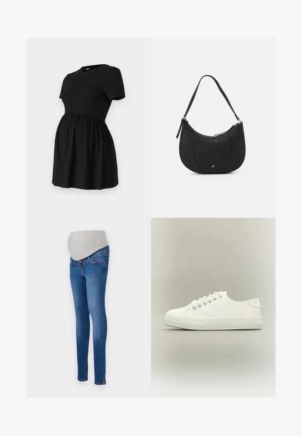 ONLY MATERNITY Peplum OLMMALAYA Peplum - T-Shirt basic - black; Schwangerschaftsjeans aus blauen Denim mit einer figurnahen Passform. Verfügt über ein graues Dehnbande für zusätzlichen Komfort. Klassisches Fünf-Taschen-Design mit leichter Ausbleichung.; Weißer Low-Top-Sneaker mit weißen Schnürsenkeln und Gummisohle, seitlich auf neutralem Hintergrund dargestellt.; Schwarze Lederhandtasche mit geschwungenem Design, strukturiertem Material, vorderen Nähten und einem Logo in Goldtönen. Verfügt über einen einzelnen verstellbaren Tragegurt.