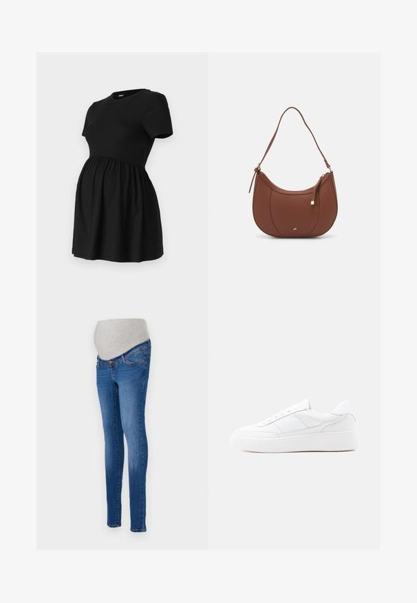 ONLY MATERNITY Peplum OLMMALAYA Peplum - T-shirt basic - black; Zwangerschapsjeans in blauwe denim met een aansluitende pasvorm. Voorzien van een grijze stretchband voor extra comfort. Klassiek vijfzakkenontwerp met een lichte vervaging.; Witte lage sneaker met dikke zool, veterontwerp en subtiele stikselaccenten op een effen lichte achtergrond.; Bruine faux leren schoudertas met een gebogen vorm, minimale stiksels en een gouden hardware-accent. Voorzien van een bovenste ritsluiting en een verstelbare schouderband.