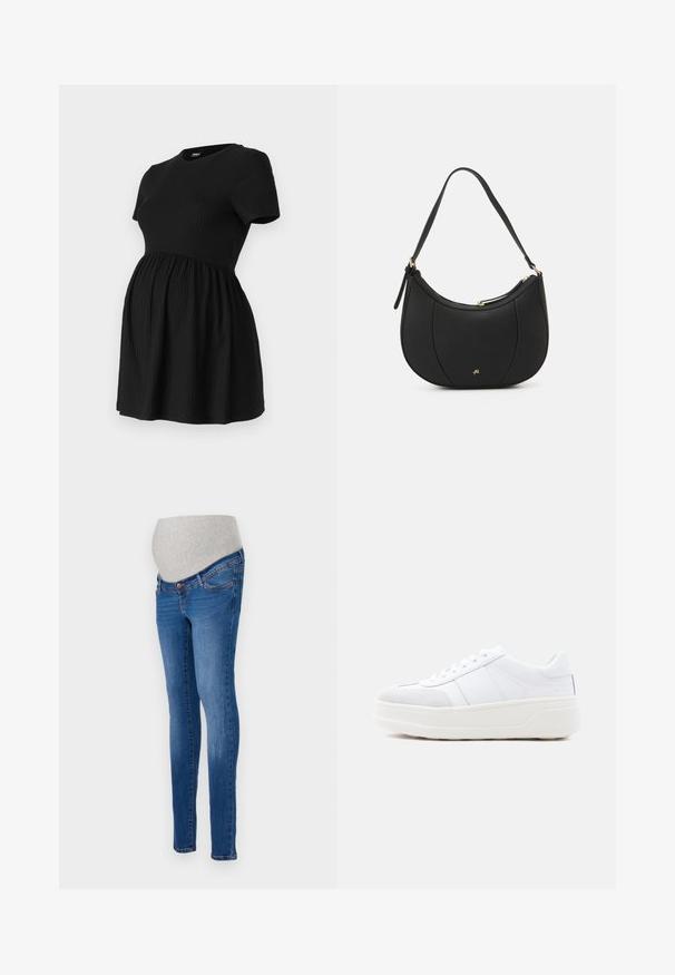 ONLY MATERNITY Peplum OLMMALAYA Peplum - T-shirt basic - black; Zwangerschapsjeans in blauwe denim met een aansluitende pasvorm. Voorzien van een grijze stretchband voor extra comfort. Klassiek vijfzakkenontwerp met een lichte vervaging.; Witte lage sneaker met veterclosure, dikke plateauzool en suède accenten op de neus, zijaanzicht op een effen achtergrond.; Zwarte leren handtas met een gebogen vorm, textuuroppervlak, voornaden en een logo in goudkleur. Beschikt over een enkele verstelbare schouderband.