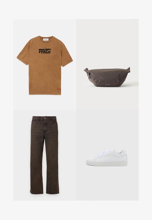 Braunes Baumwoll-T-Shirt mit einem schwarzen Grafikdruck und dem Text "ITALY". Rundhalsausschnitt mit kurzen Ärmeln und Logodetail am Saum.; Dunkelbraune Jeans mit geradem Bein, vorderen Taschen, Gürtelschlaufen und Knopfverschluss auf einfarbigem Hintergrund.; Weiße Leder-Sneaker mit niedrigem Schnitt, runder Zehenpartie, flachen Schnürsenkeln, strukturierter Sohle und dezentem goldfarbenem Markenlogo an der Seite. Glatte Oberfläche und minimalistisches Design.; Dunkelbraune Stoff-Gürteltasche mit diagonalem Reißverschlussfach und kleinem weißen Logo vorne, vor einem einfarbigen hellen Hintergrund.
