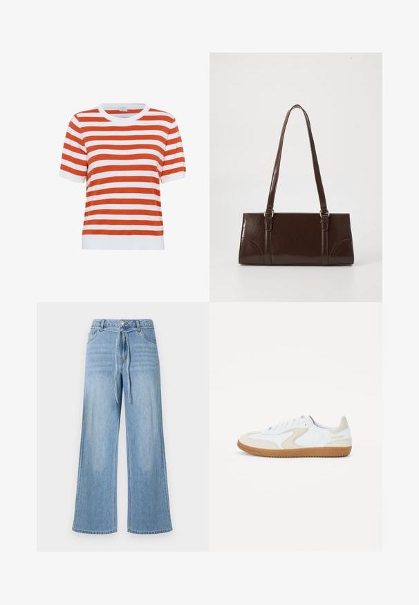 T-shirt tricot à manches courtes rayé en orange et blanc ; col rond ; texture douce ; coupe droite ; finition avec un ourlet côtelé blanc uni.; Jean en denim bleu clair à jambes larges, avec une taille haute, un détail de nouage à l'avant et un design classique à cinq poches avec des accents de coutures.; Baskets blanches avec des accents en brun, en daim et en cuir lisse, bout arrondi, semelle plate en caoutchouc et logo sur le talon.; Sac à main en cuir verni marron de forme rectangulaire, avec deux longues poignées et des accents courbés subtils à l'avant.