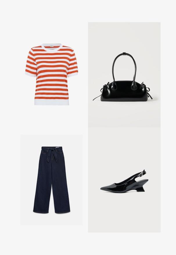 T-shirt tricot à manches courtes rayé en orange et blanc ; col rond ; texture douce ; coupe droite ; finition avec un ourlet côtelé blanc uni.; Jean taille haute bleu foncé à jambes larges avec poches avant et ceinture en tissu assortie nouée à la taille.; Chaussure slingback en cuir verni noir avec bout pointu et petit talon bloc incliné sur fond clair uni.; Petit sac à main noir brillant avec deux longues anses et des détails à cordon sur les côtés sur un fond clair uni.