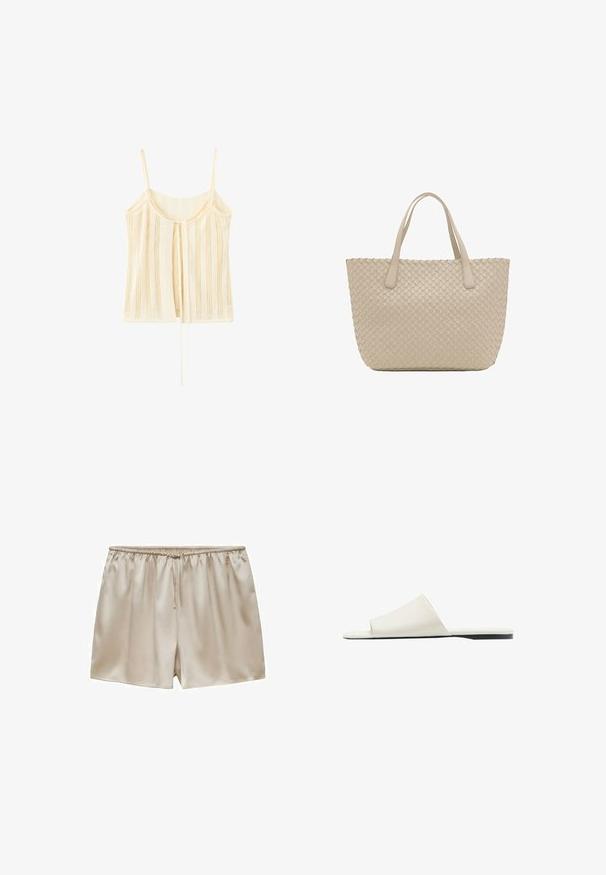 Débardeur en maille crème avec fines bretelles, rayures verticales en maille ouverte et un détail noué à l'avant qui pend librement.; Shorts en satin beige avec ceinture élastique et cordon de serrage, texture lisse, coupe décontractée et longueur courte.; Sandale blanche à enfiler avec une large bride unique et une semelle plate, vue de côté sur fond blanc.; Sac cabas en cuir tissé beige avec deux bretelles et une forme rectangulaire structurée.
